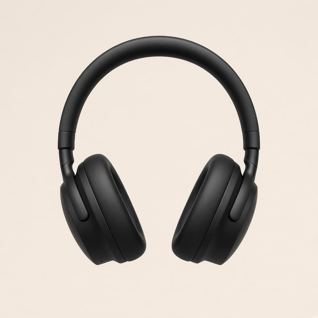 Black wireless headphones on a studio backdrop